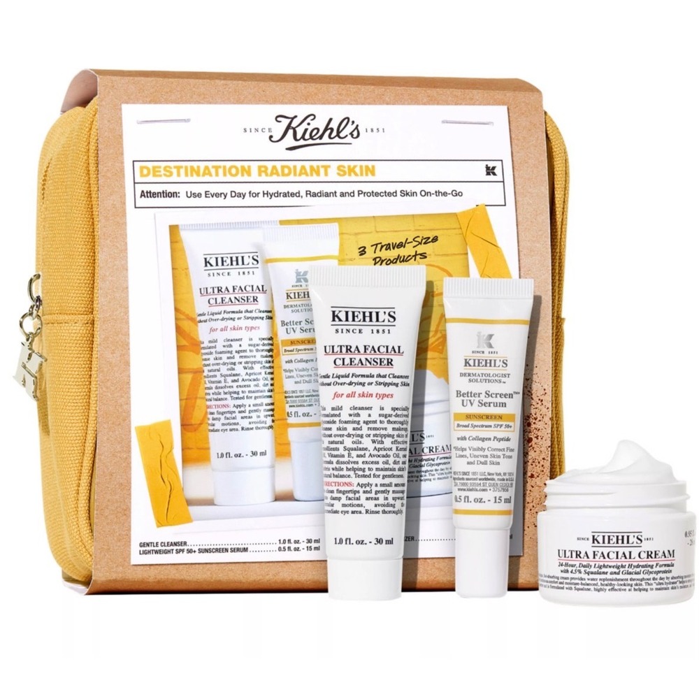Kiehl's Set Travel Skincare Ultra Facial Cream Cleanser UV Serum SPF 50 Bag New